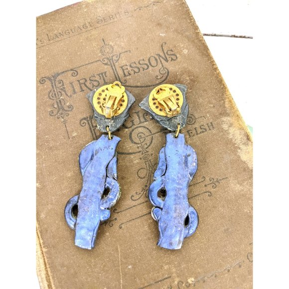 Vintage blue silver long jeweled clay long dangle clip on earrings - Picture 4 of 4